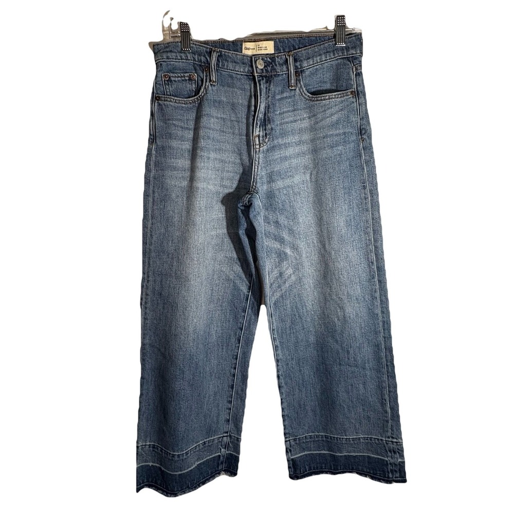 GAP Classic Blue Women 27 High Rise Wide-Leg Jeans 100% Cotton Boho Frayed Hem - Picture 2 of 7
